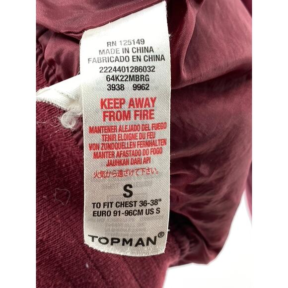 TOPMAN Men's Burgundy Mandarin-Collar Long Sleeve Zip-Up Bomber Jacket SZ S - Picture 10 of 11